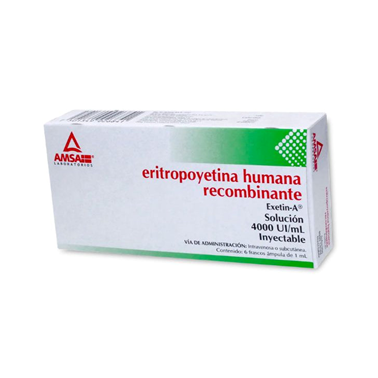 Eritropoyetina recombinante humana 4000 UI/mL solución inyectable (AMSA) caja con 6 frascos ámpula con 1 mL